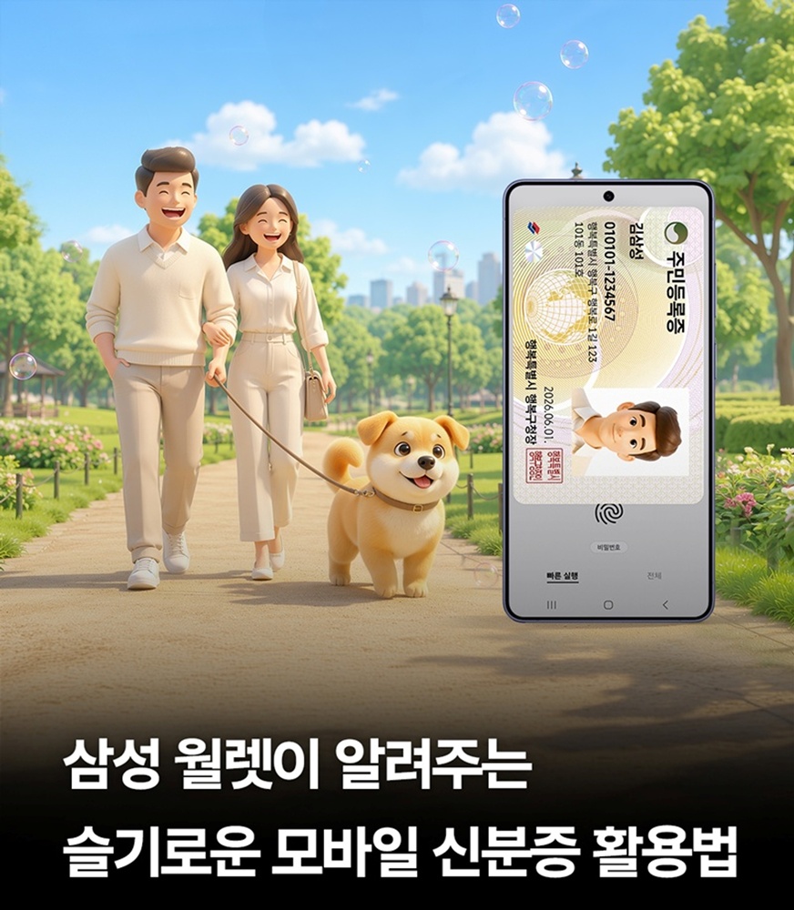 공원을 산책하는 커플과 반려견 옆에 스마트폰 모바일 신분증 화면이 표시된 삼성 월렛 홍보 이미지.