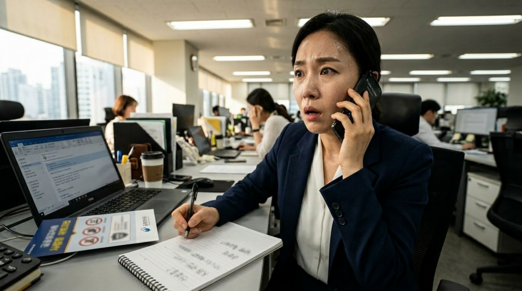 사무실에서 통화 중 당황한 표정으로 메모하는 여성 직장인, 보이스피싱 피해 급증을 상징.