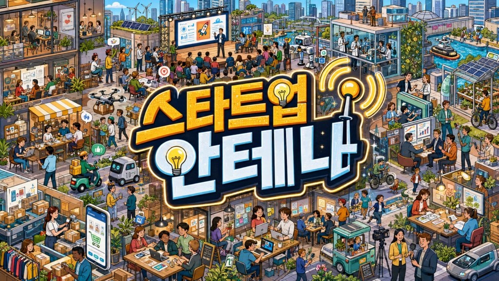 스타트업 생태계를 형상화한 일러스트로, 발표·업무·배달 등 다양한 창업 활동 장면 속에 '스타트업 안테나' 로고가 담겨 있다.