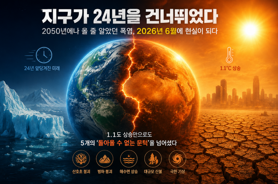 반쪽은 빙하로 얼어붙고 반쪽은 갈라진 사막으로 타오르는 지구, 2050년 예상 폭염이 2026년에 앞당겨 현실화됐음을 상징하는 그래픽.