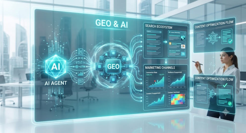 AI 에이전트와 GEO 기술을 연결한 검색 생태계 및 마케팅 채널 분석 화면, 콘텐츠 최적화 흐름을 살펴보는 여성.