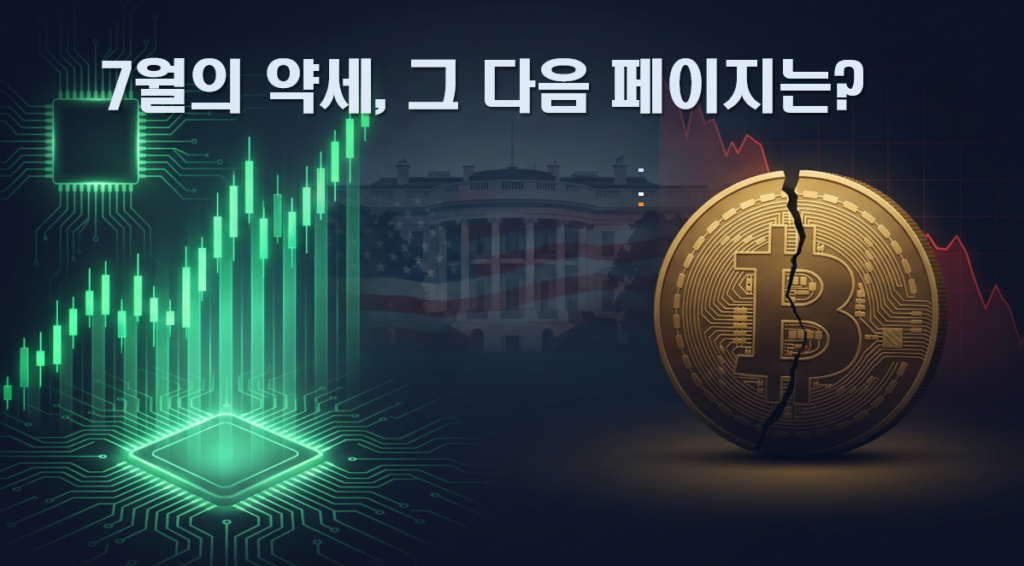 상승하는 반도체 주가 차트와 백악관 배경 속 금이 간 비트코인 코인, 7월 시장 약세를 상징하는 이미지