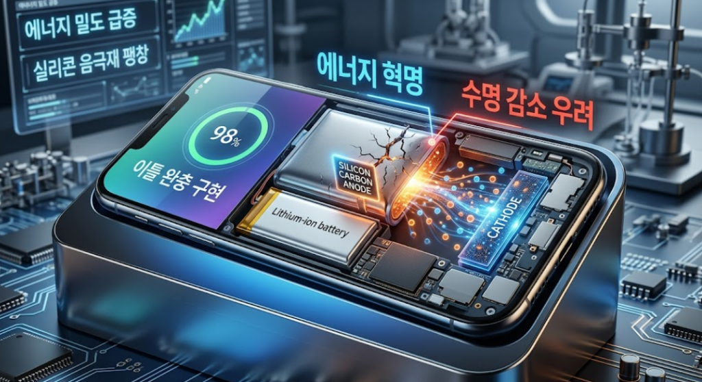 스마트폰 내부에 실리콘 카본 음극재와 배터리 구조를 표현한 그래픽, '에너지 혁명'과 '수명 감소 우려' 문구가 대비되어 표시됨.