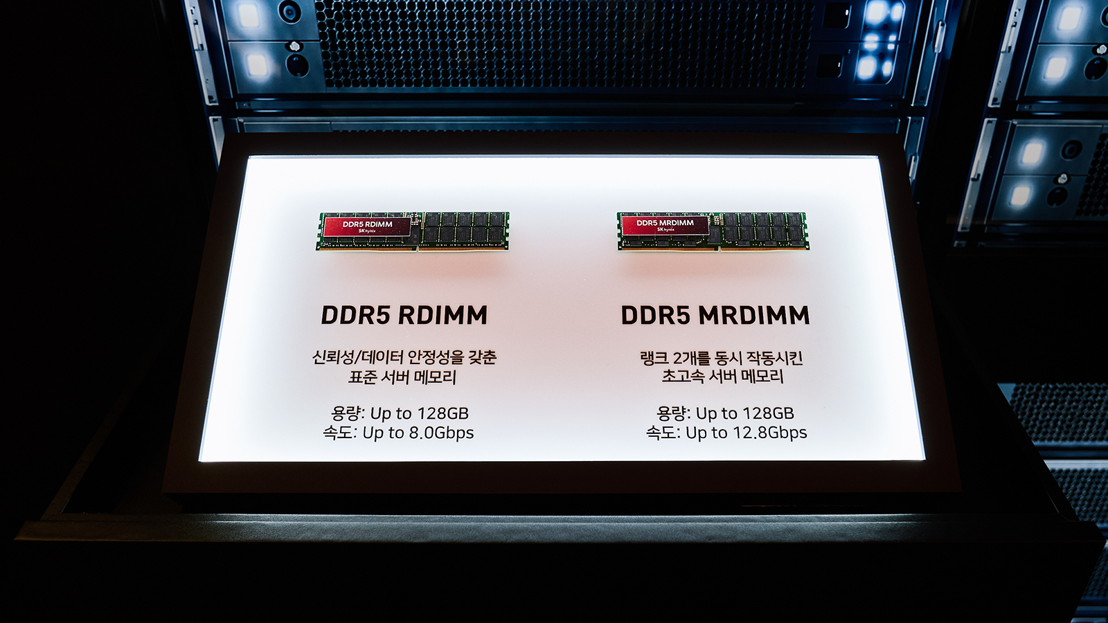 SK하이닉스의 DDR5 RDIMM과 DDR5 MRDIMM 서버 메모리 제품이 각각의 용량과 속도 사양과 함께 전시되어 있다.