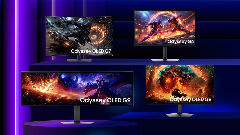 삼성전자 오디세이 OLED G7, G9, G8과 G6 게이밍 모니터 신제품이 화려한 게임 화면을 담고 나란히 전시된 모습.