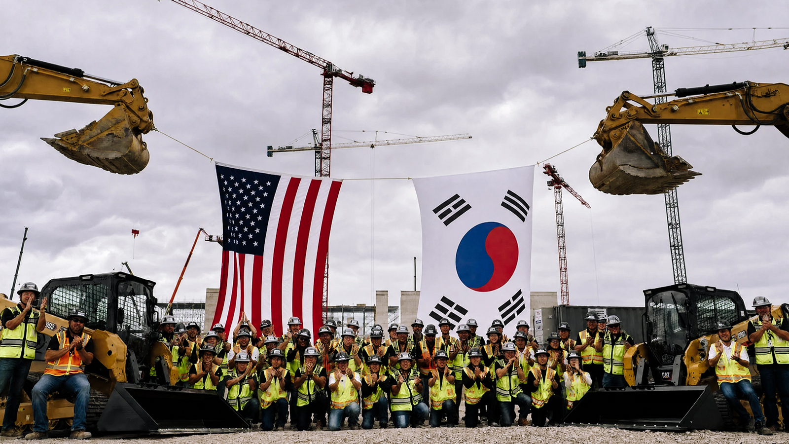 미국 인디애나 공장 건설 현장에서 태극기와 성조기 아래 안전조끼를 입은 근로자들이 모여 기념 촬영을 하고 있다.