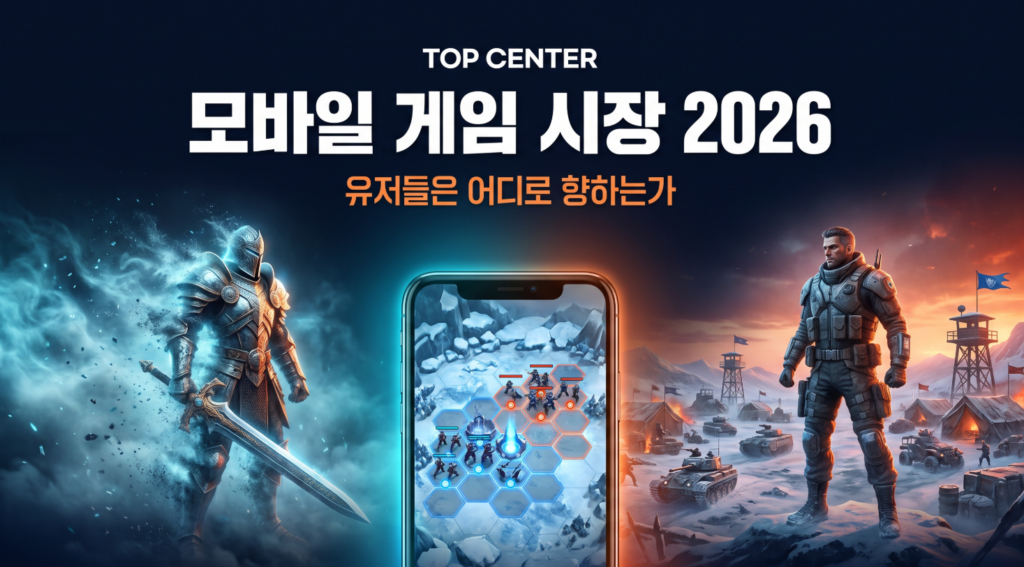기사 갑옷 기사와 군인 캐릭터, 전략 게임 화면이 담긴 스마트폰이 등장하는 2026 모바일 게임 시장 전망 이미지.