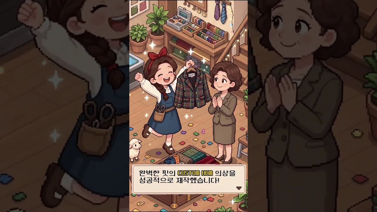 재단사 소녀가 손님에게 맞춤 재킷을 완성해 기뻐하는 장면을 그린 픽셀아트 게임 화면