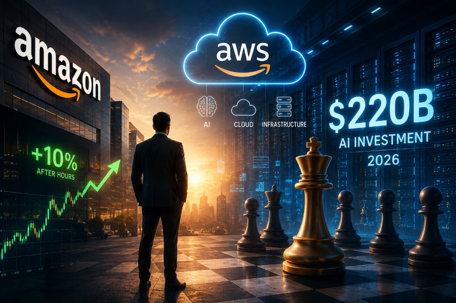 아마존 로고와 AWS 클라우드 아이콘, 주가 급등 그래프, 2026년 220억 달러 AI 투자 문구 앞에 선 남성과 체스 말들.