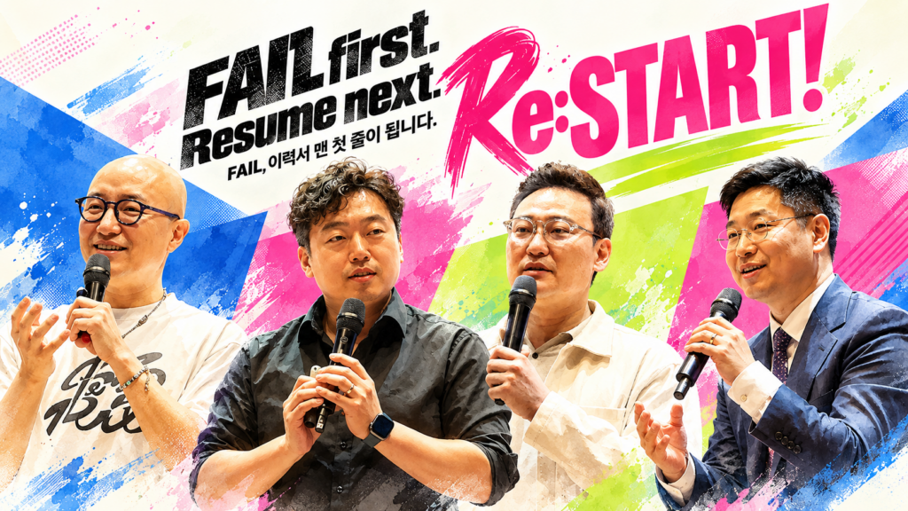 마이크를 든 네 명의 남성이 'FAIL first, Resume next' 문구 아래 재도전 경험을 이야기하는 토크 행사 모습