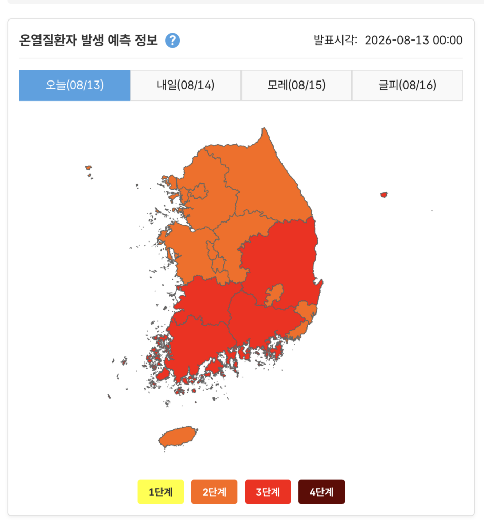 전국 대부분 지역이 3단계 위험 등급인 온열질환자 발생 예측 지도, 남부 지역은 붉은색 고위험으로 표시됨