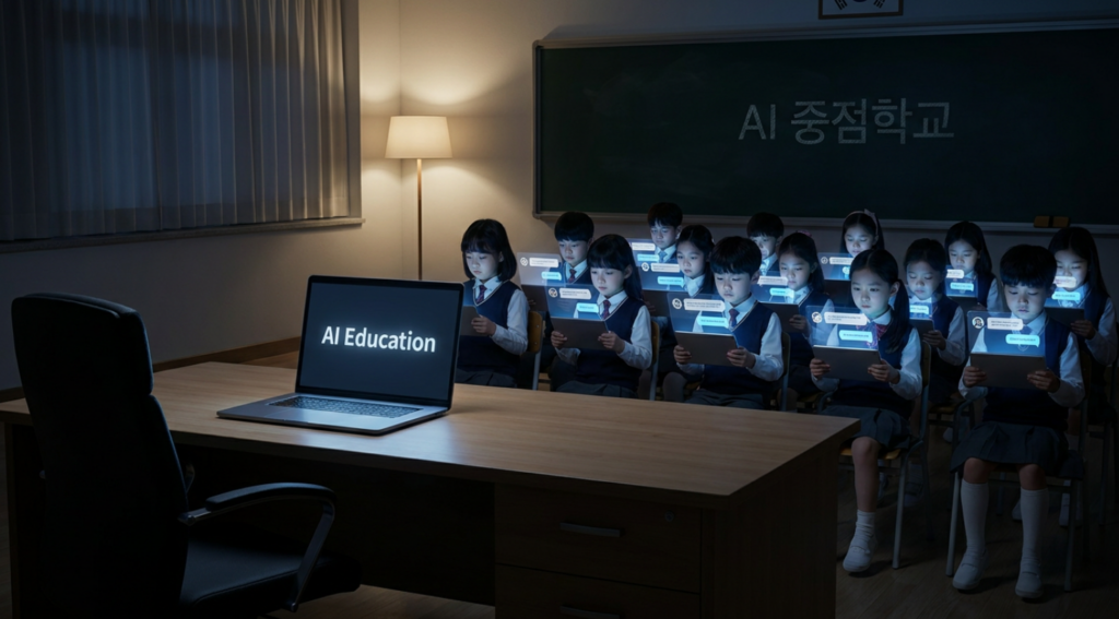 'AI 중점학교' 칠판이 걸린 어두운 교실에서 교사 없이 태블릿을 든 학생들만 앉아 있고, 빈 책상 위 노트북에 'AI Education' 문구가 떠 있다.