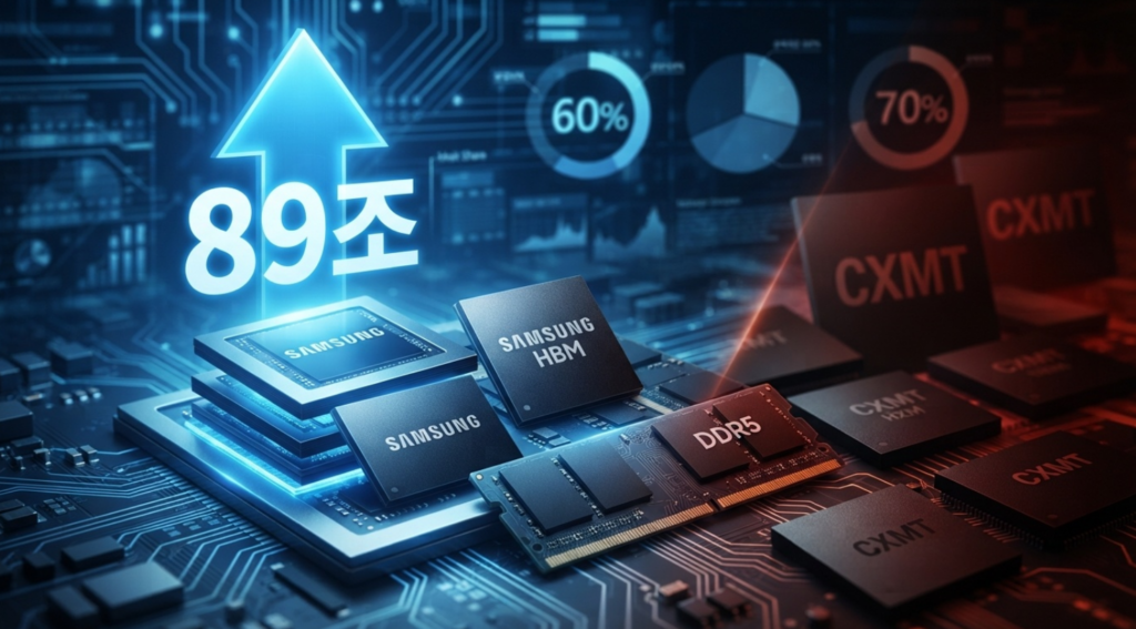 삼성전자 HBM·DDR5 반도체와 중국 창신메모리(CXMT) 로고가 89조 상승 그래프 및 점유율 수치와 함께 대비되어 있다.