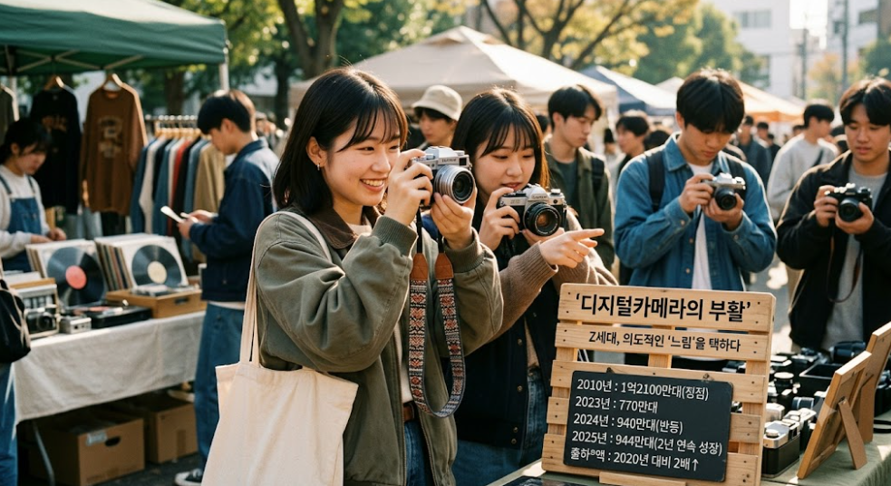 플리마켓에서 젊은이들이 디지털카메라로 사진을 찍으며, 카메라 출하량 증가 통계가 적힌 안내판이 놓여 있다.